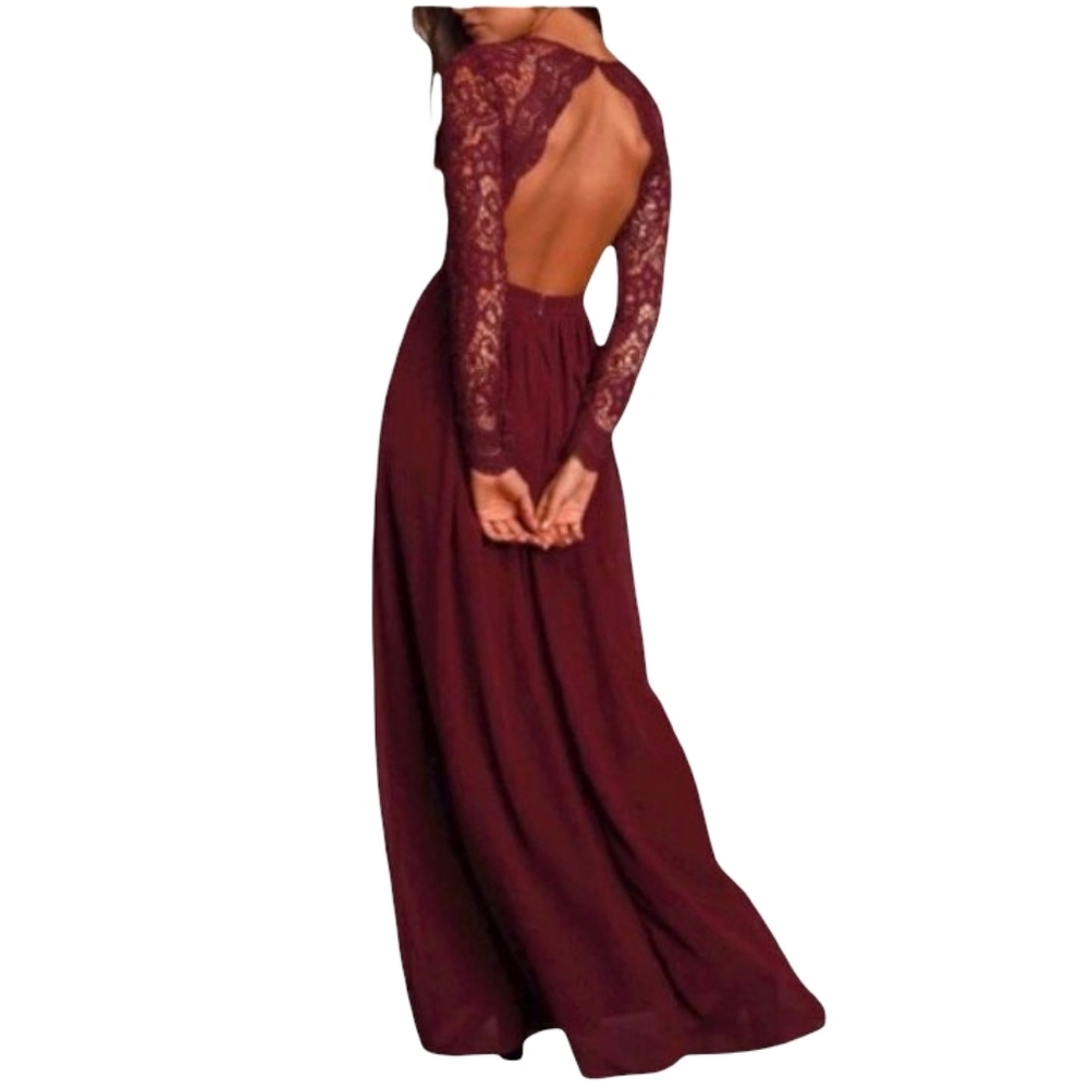 Elegant Long Sleeve Backless Lace Gown In Burgundy